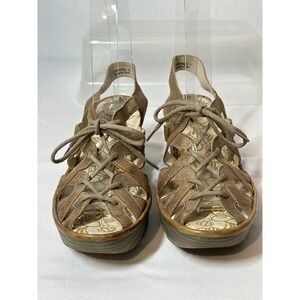 Fly London Womens Yapi Wedge Sandals Sz 41 US 10/10.5 Gold‎ Leather Lace Up